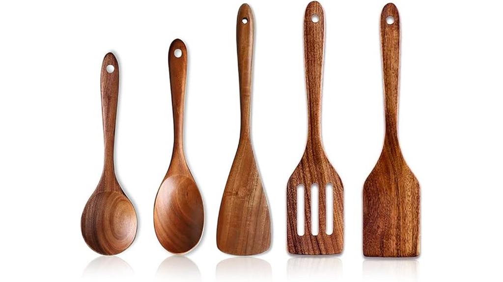 set of five wooden utensils