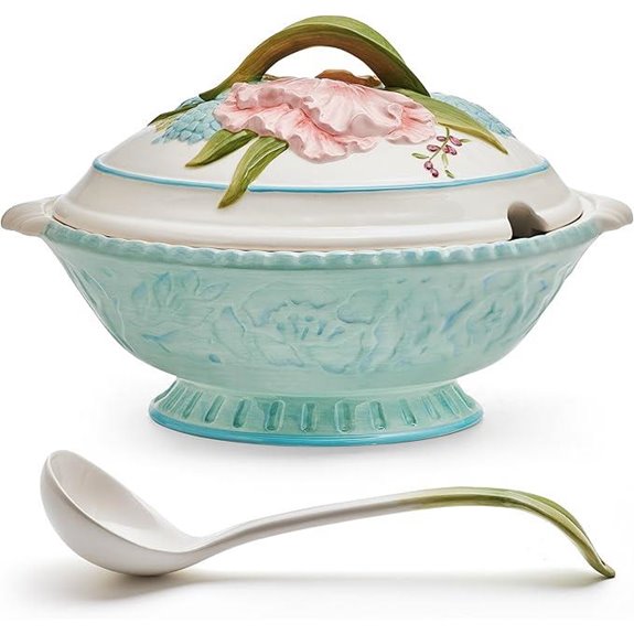 Fitz and Floyd Meadow Tureen Covered Serving Bowl with Ladle 3.5 Quart