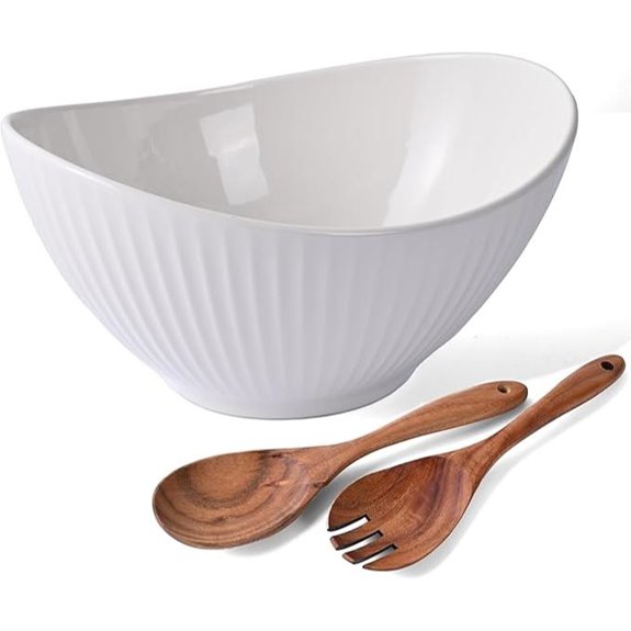 Ceramic Oval Salad Bowl with Acacia Utensils