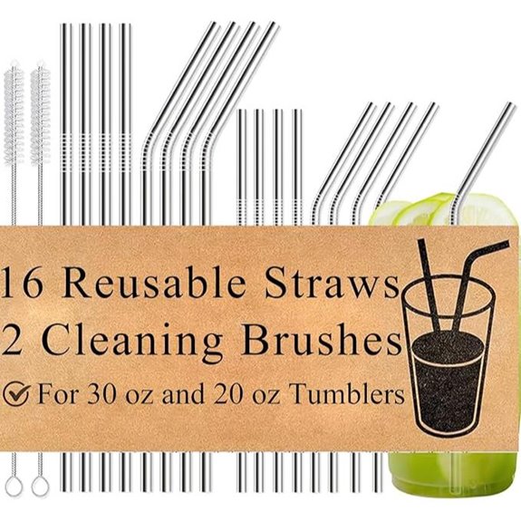 16-Pack Reusable Stainless Steel Straws with Brush