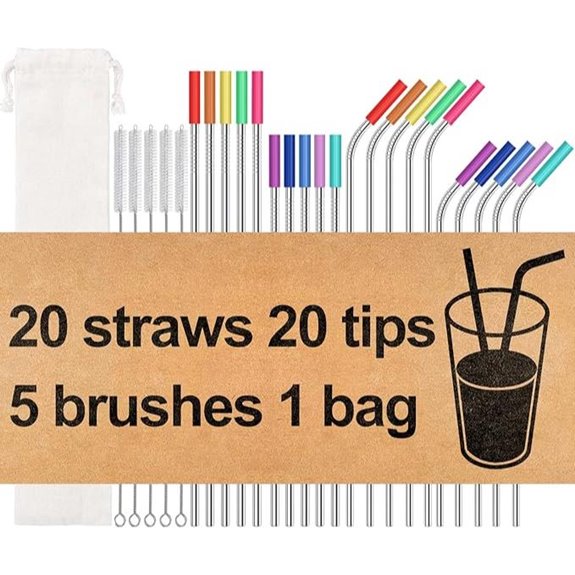 20 Pack Reusable Stainless Steel Drinking Straws Set