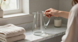 I Put A Glass Pitcher In My Bathroom, And It’s The Chicest Storage Trick